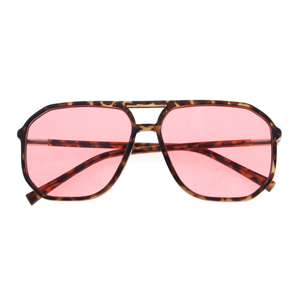 Sunglasses with tortoise print frame and pink lenses on a white background