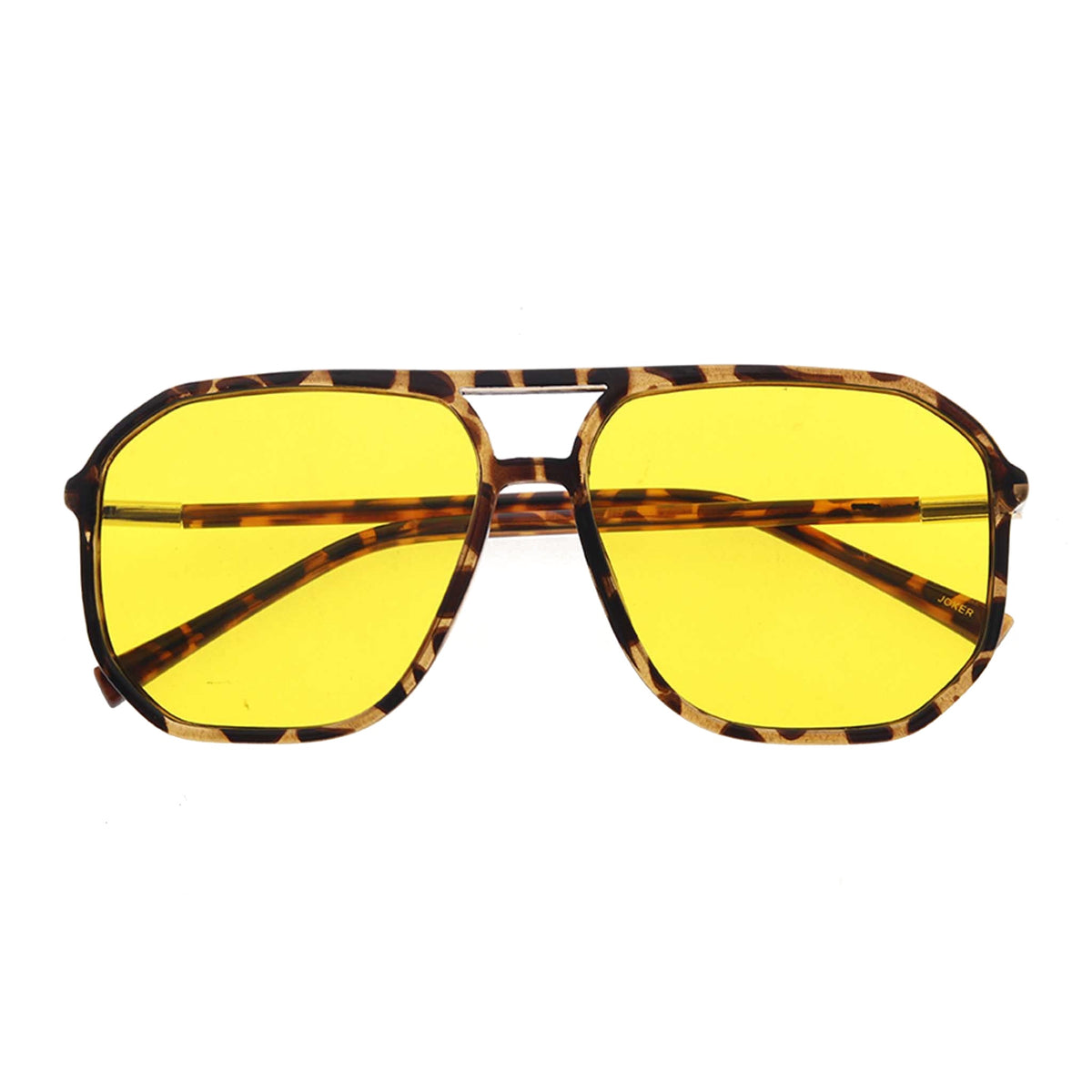 Sunglasses with yellow lenses and tortoiseshell frame on a white background