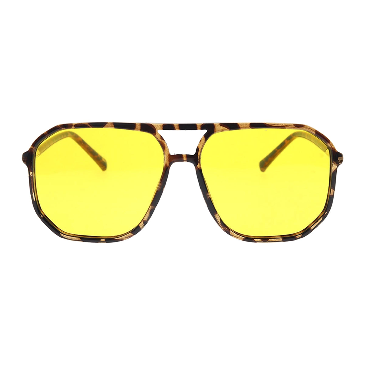 big frame Sunglasses with yellow lenses and tortoiseshell frame on a white background