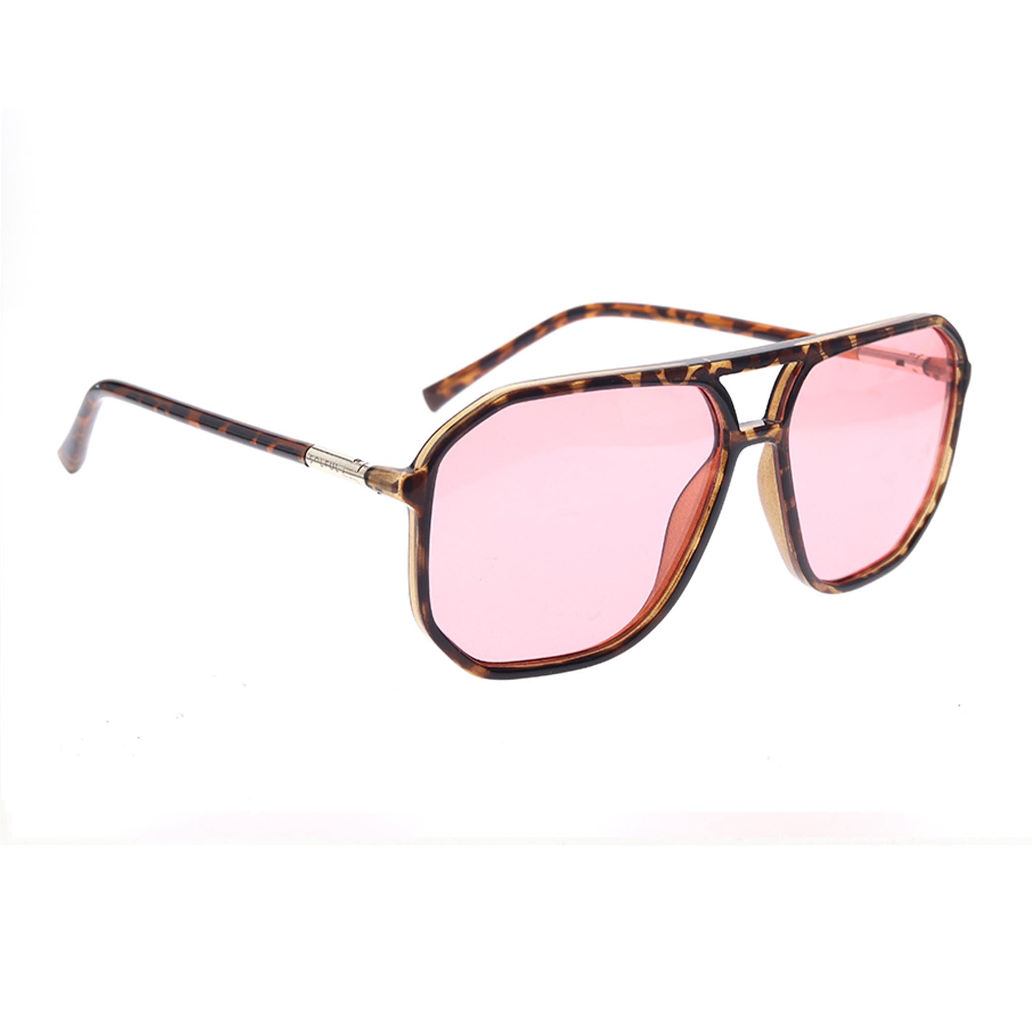 Sunglasses with tortoiseshell frame and pink lenses on a white background