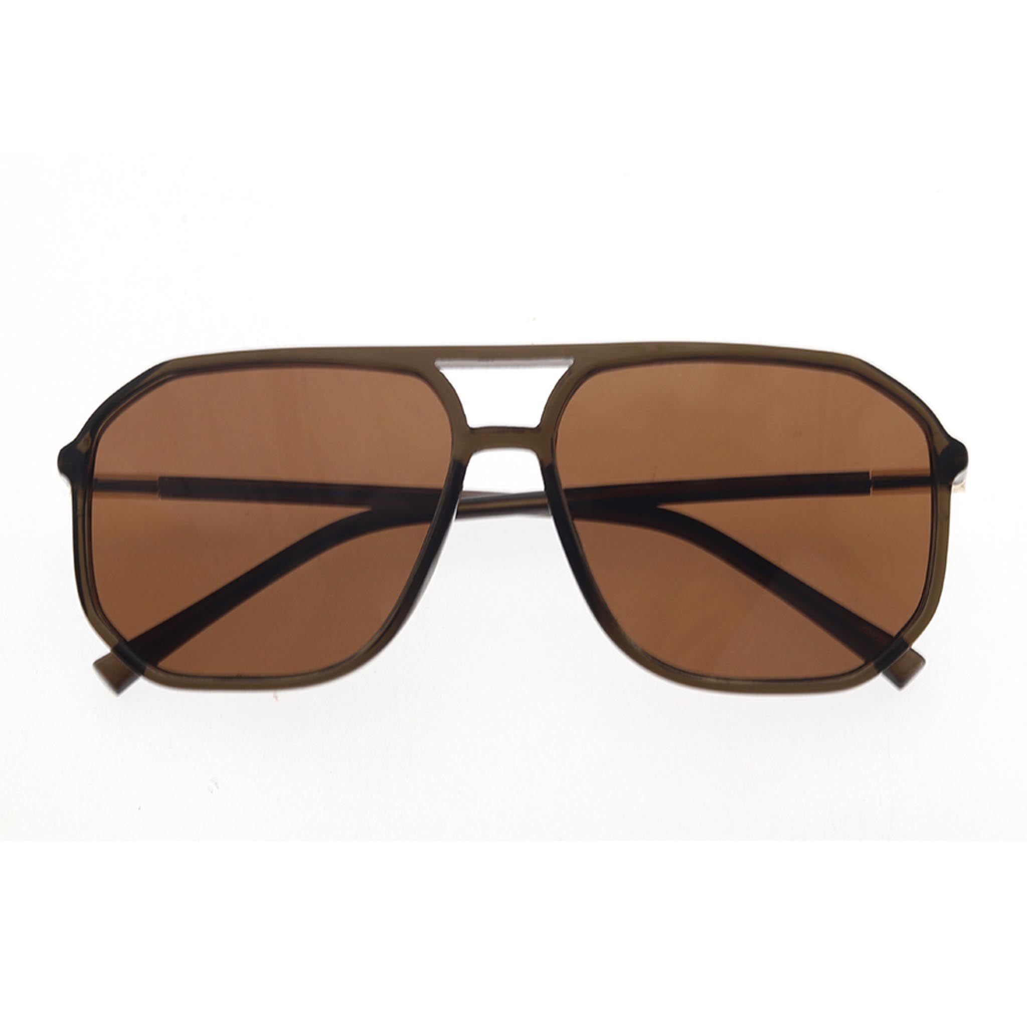 Pilot Sunglasses with brown lenses and black frames on a white background