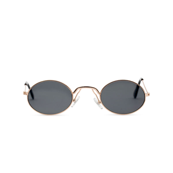Front view of ARISTOL teashade sunglasses, small gold oval metal frame with dark lens