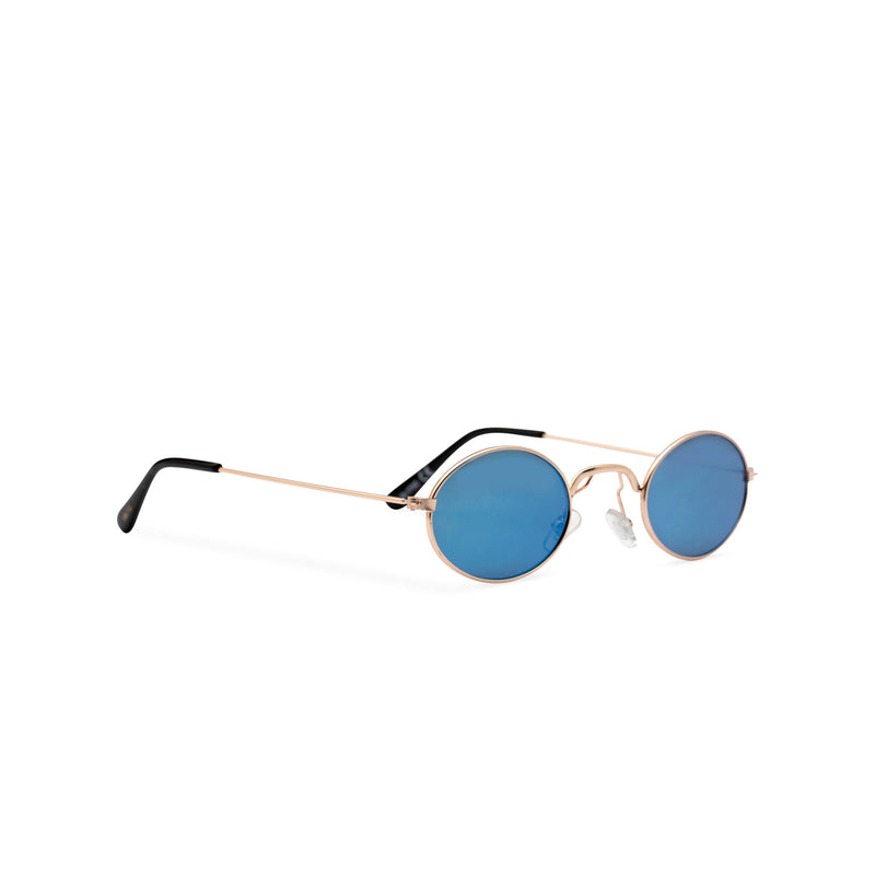 ARISTOL side shot teashade sunglasses John Lennon style gold oval metal frame with a turquoise transparent lens