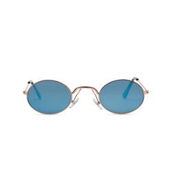 Front view of ARISTOL, teashade sunglasses, small gold oval metal frame with turquoise blue lens