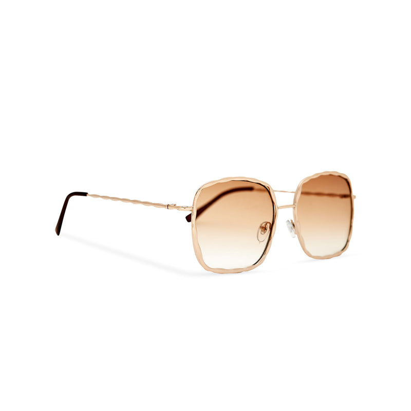 Side view of BESQUARED square embellished Ibiza sunglasses have a golden gradient lens and metal frame
