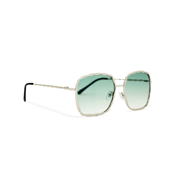 Side view of BESQUARED square embellished Ibiza sunglasses have a green gradient lens and metal frame