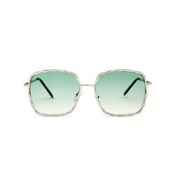 This square slightly embellished Ibiza sunglasses design called BESQUARED has green gradient lens and metal frame