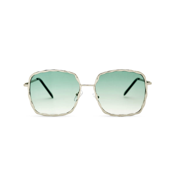 This square slightly embellished Ibiza sunglasses design called BESQUARED has green gradient lens and metal frame
