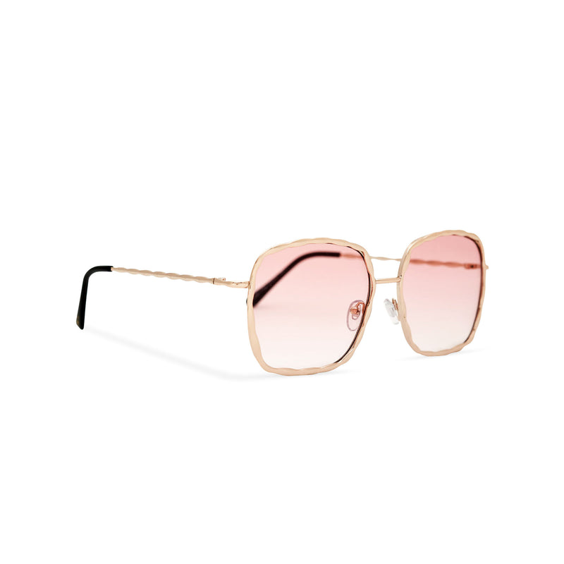 Side view of BESQUARED square embellished Ibiza sunglasses have a pink gradient lens and metal frame