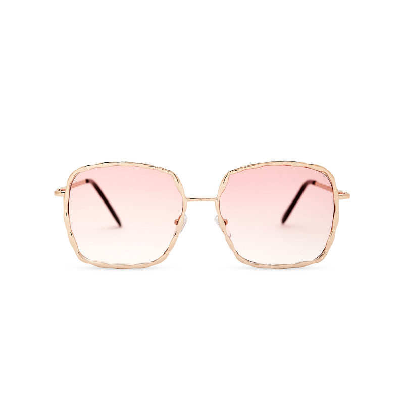 This square slightly embellished Ibiza sunglasses design called BESQUARED has pink gradient lens and metal frame