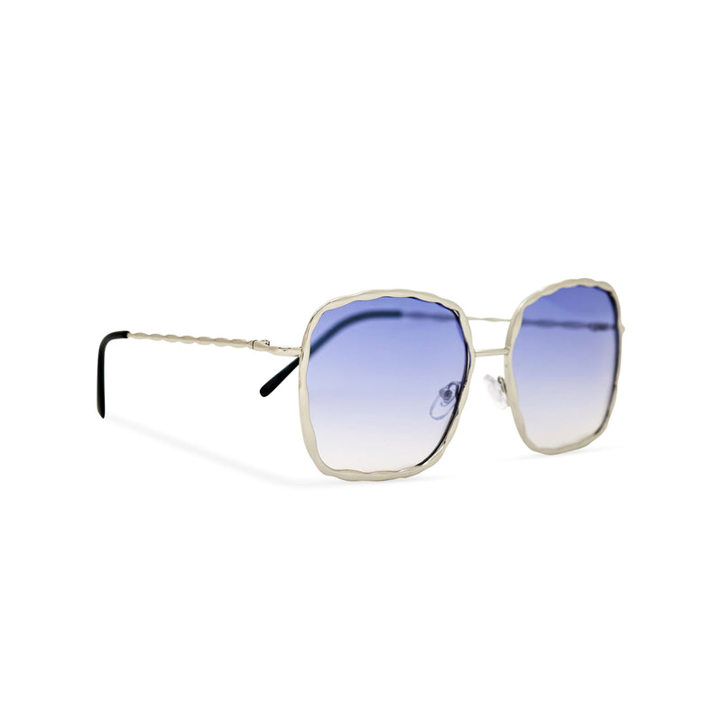Side view of BESQUARED square embellished Ibiza sunglasses have a blue gradient lens and metal frame