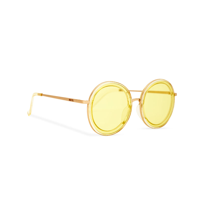 Side of view BUBBLE sunglasses by SOLFUL Ibiza, unisex big yellow round plastic design