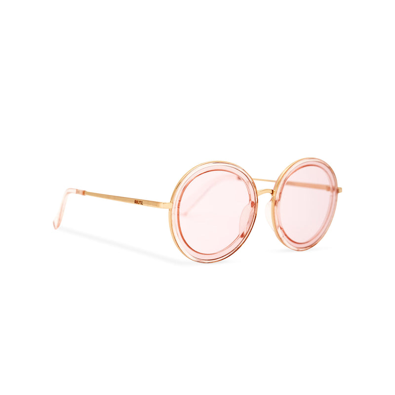 Side of view BUBBLE sunglasses by SOLFUL Ibiza, unisex big pink round plastic design