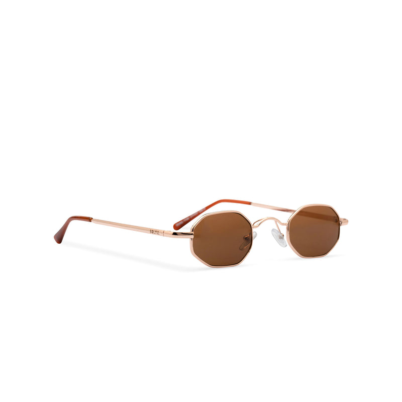 Side view small hexagon metal frame sunglasses with gold brown lens HEXMEX SOLFUL Ibiza