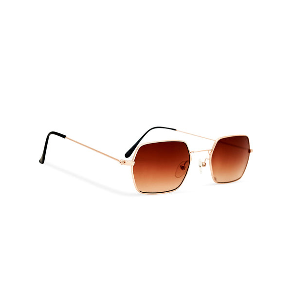 Angle shot JOKER Small brown hexagonal sunglasses with gold metal frame for women and men unisex