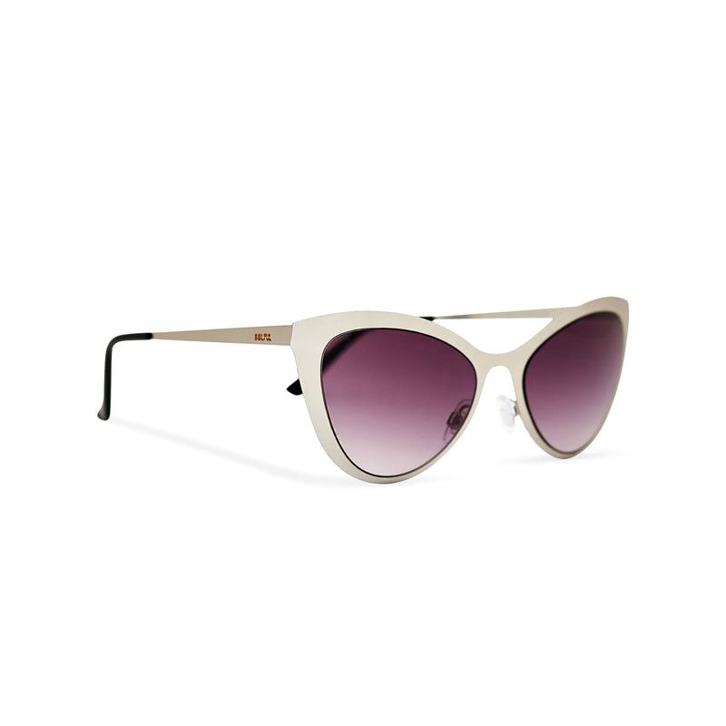 Side view grey silver front cat eye sunglasses with metal frame and violet purple lenses LADIVA