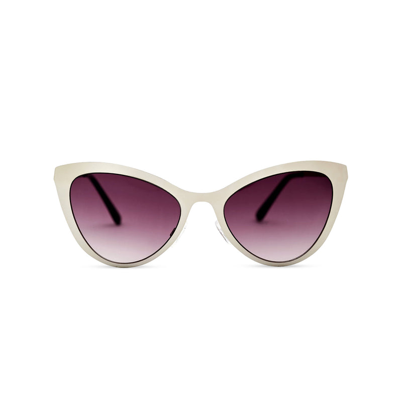 Grey silver front cat eye sunglasses with metal frame and violet purple lenses LADIVA by SOLFUL Ibiza