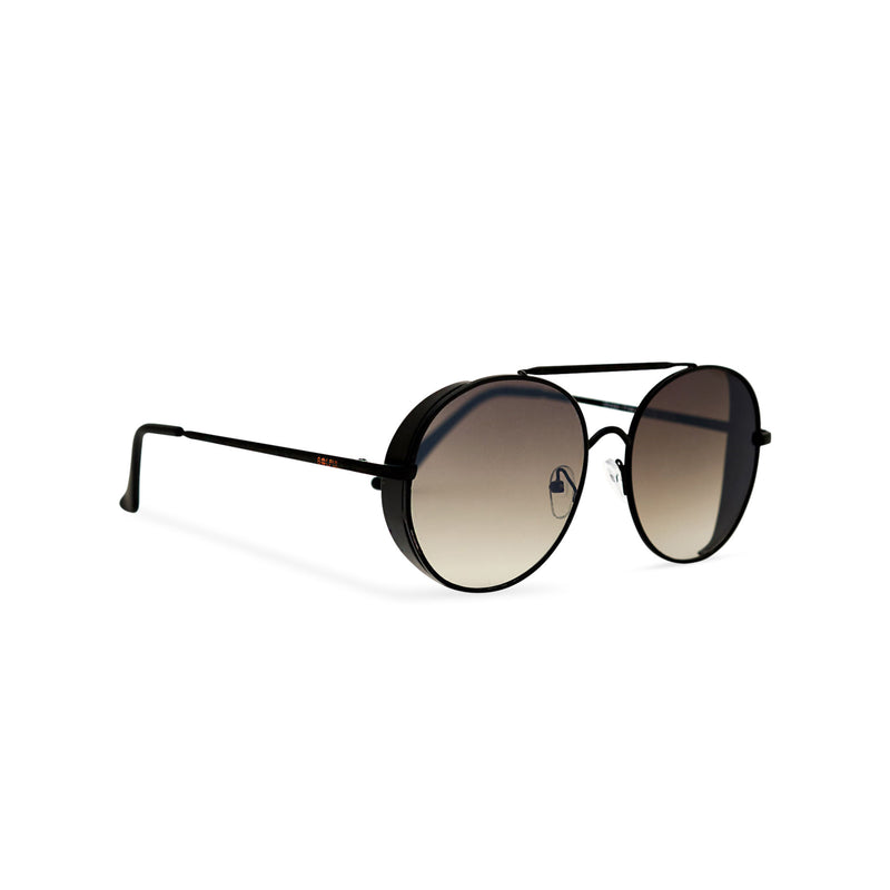 Aviator steampunk sunglasses with black metal frame and dark lens with small metal shields ROCCO side view