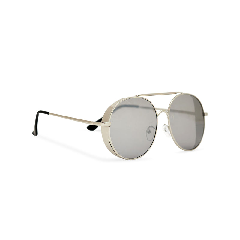 Aviator steampunk sunglasses with gold metal frame and blue mirror lens with small metal shields ROCCO side view