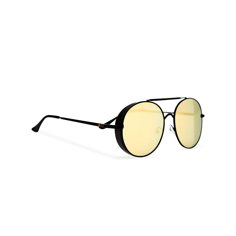 Aviator steampunk sunglasses with black metal frame and yellow-orange lens with small metal shields ROCCO side view