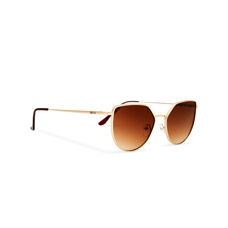 side view women gold cat eye sunglasses with brown transparent lens SOLLY by SOLFUL Ibiza