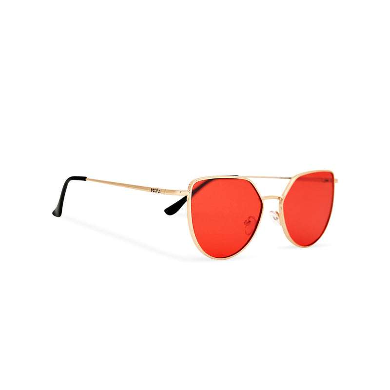 Women thin metal cat eye sunglasses with red transparent lens SOLLY by SOLFUL Ibiza side view