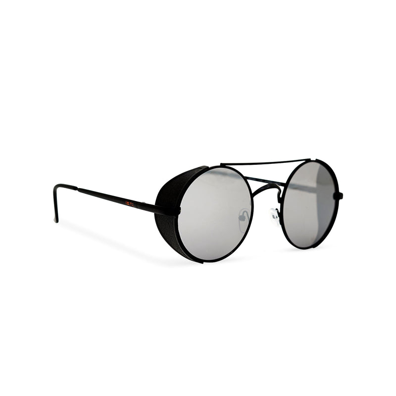 Angle shot Black metal steampunk sunglasses with metal side-shields and grey lens STORMY by SOLFUL Ibiza