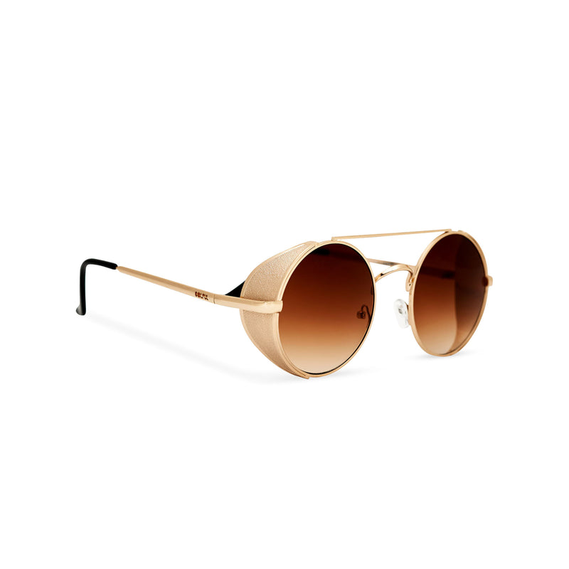 Angle shot gold metal steampunk sunglasses with metal side-shields and brown lens STORMY by SOLFUL Ibiza