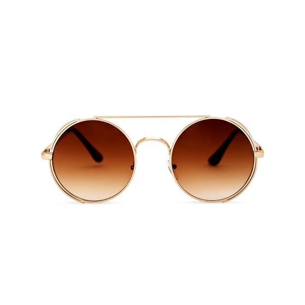 Front gold metal steampunk sunglasses with metal side-shields and brown lens STORMY by SOLFUL Ibiza