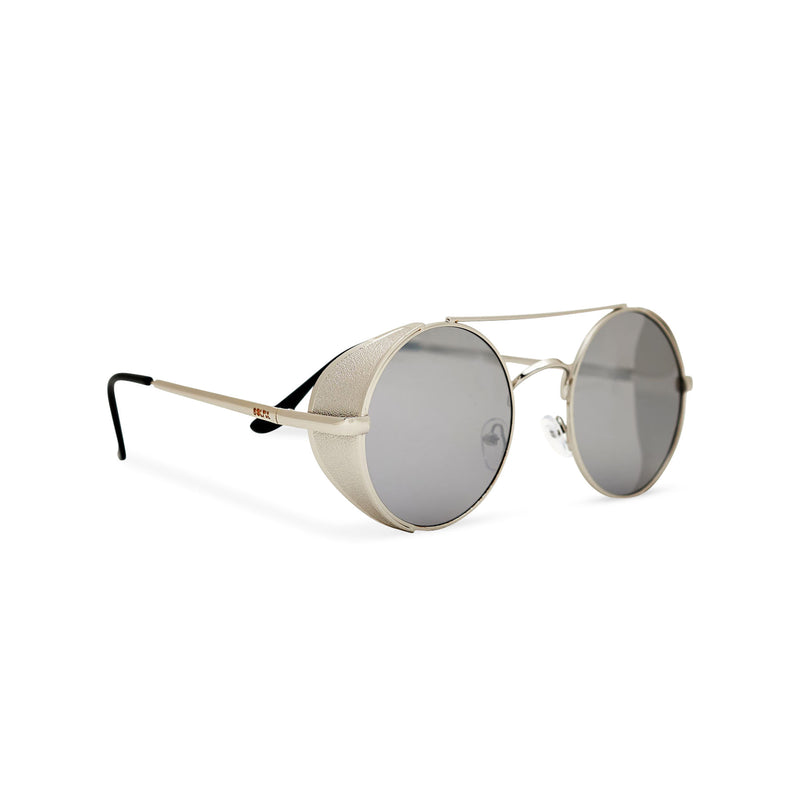 Angle shot silver metal steampunk sunglasses with metal side-shields and grey lens STORMY by SOLFUL Ibiza