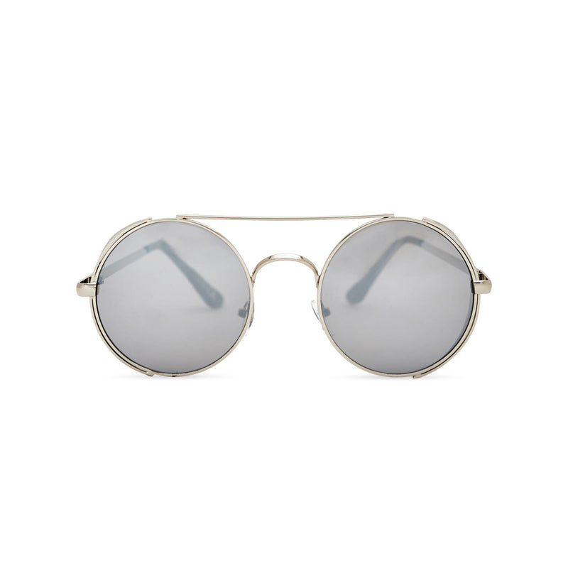 Front shot silver metal steampunk sunglasses with metal side-shields and grey lens STORMY by SOLFUL Ibiza