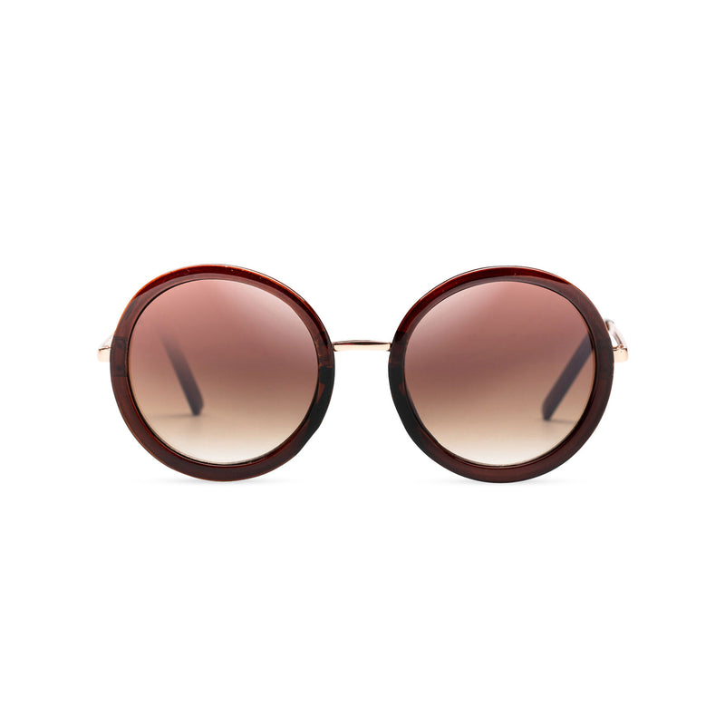 big round dark dark brown lens sunglasses with gold frame and shiny brown rims by SOLFUL Ibiza