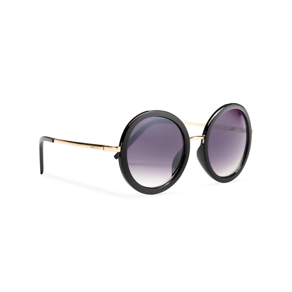 big round dark dark velvet lens sunglasses with silver frame and shiny black rims side view