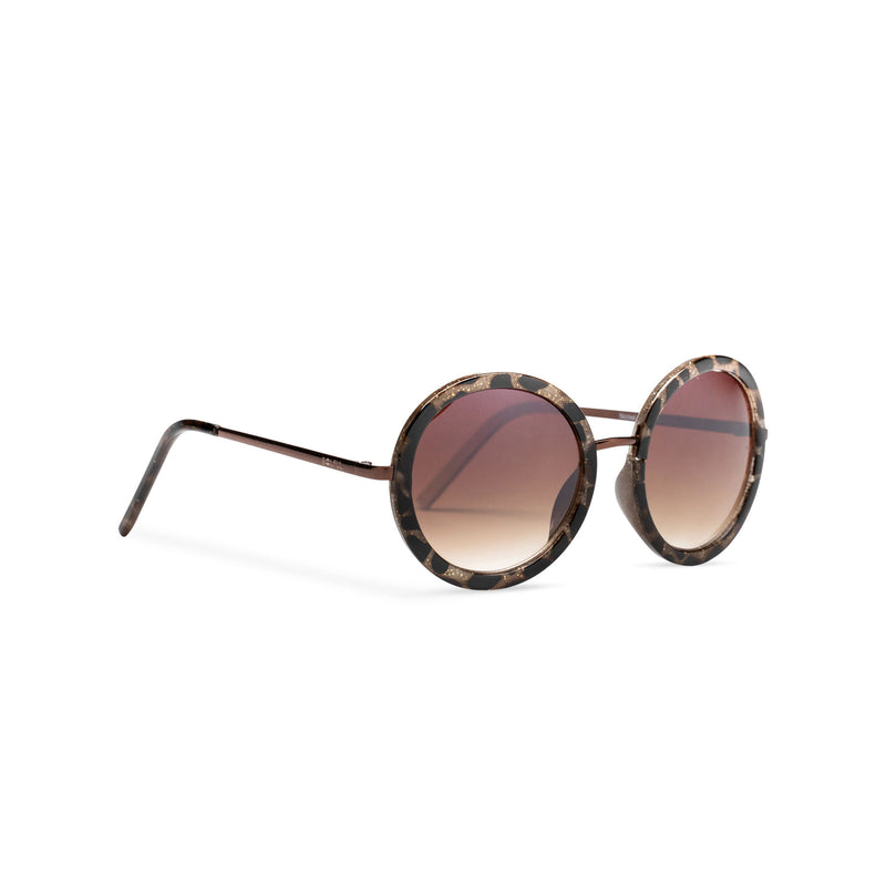 big round dark brown lens sunglasses with gold frame and leopard embellished side view