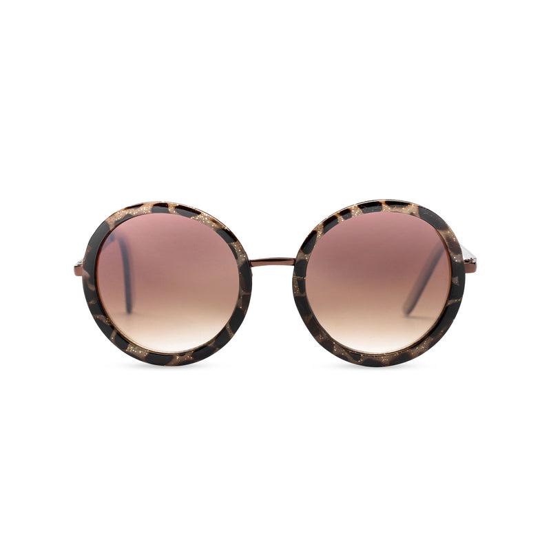 big round dark brown lens sunglasses with gold frame and leopard embellished by SOLFUL Ibiza
