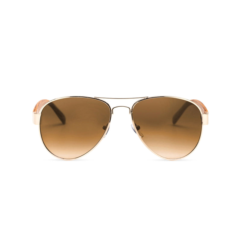 Wood like and gold metal frame sunglasses with brown rainbow lens Ibiza style
