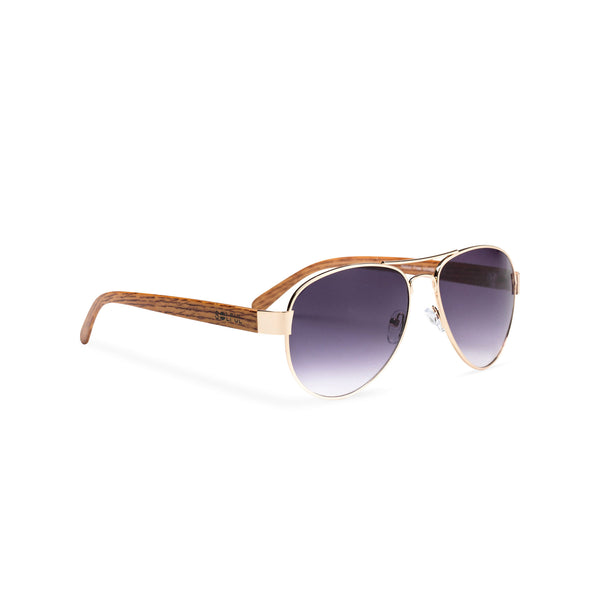Wood like and gold metal frame sunglasses with purple lens Ibiza style side view