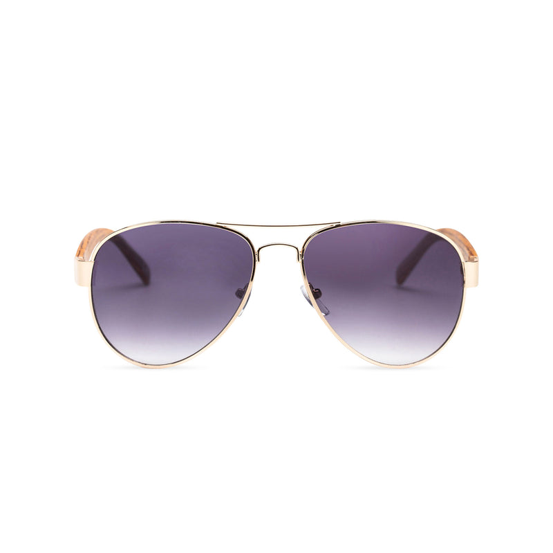 Wood like and gold metal frame sunglasses with purple lens Ibiza style front view