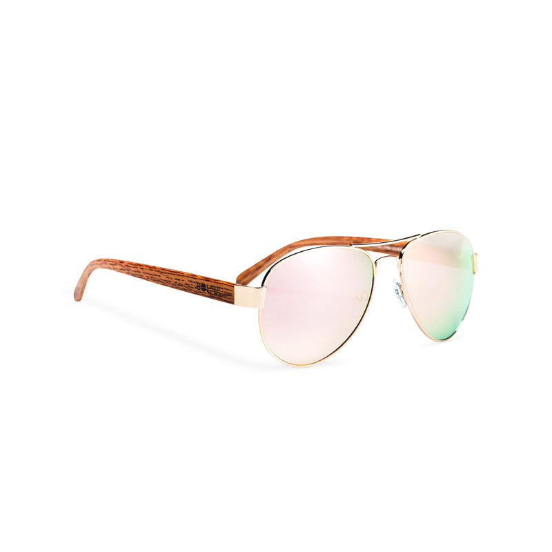 Wood like and metal frame sunglasses with pink rainbow lens Ibiza style side shot