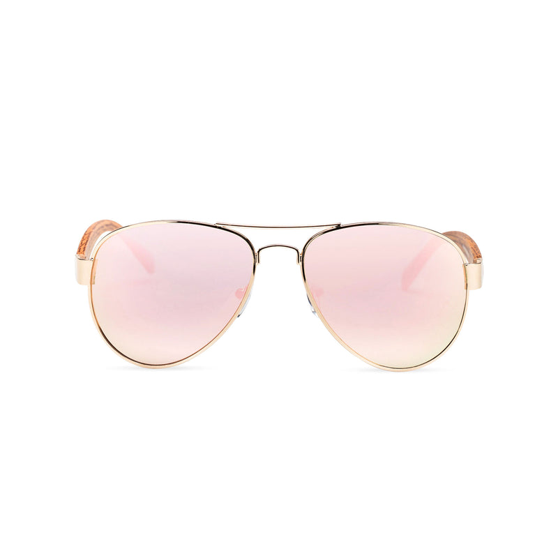 Wood like and metal frame sunglasses with pink rainbow lens Ibiza style