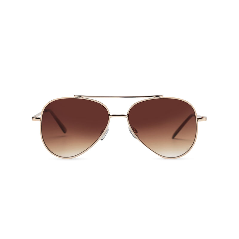 Front view of AMNESIA club big aviator sunglasses, gold metal frame with dark brown lens