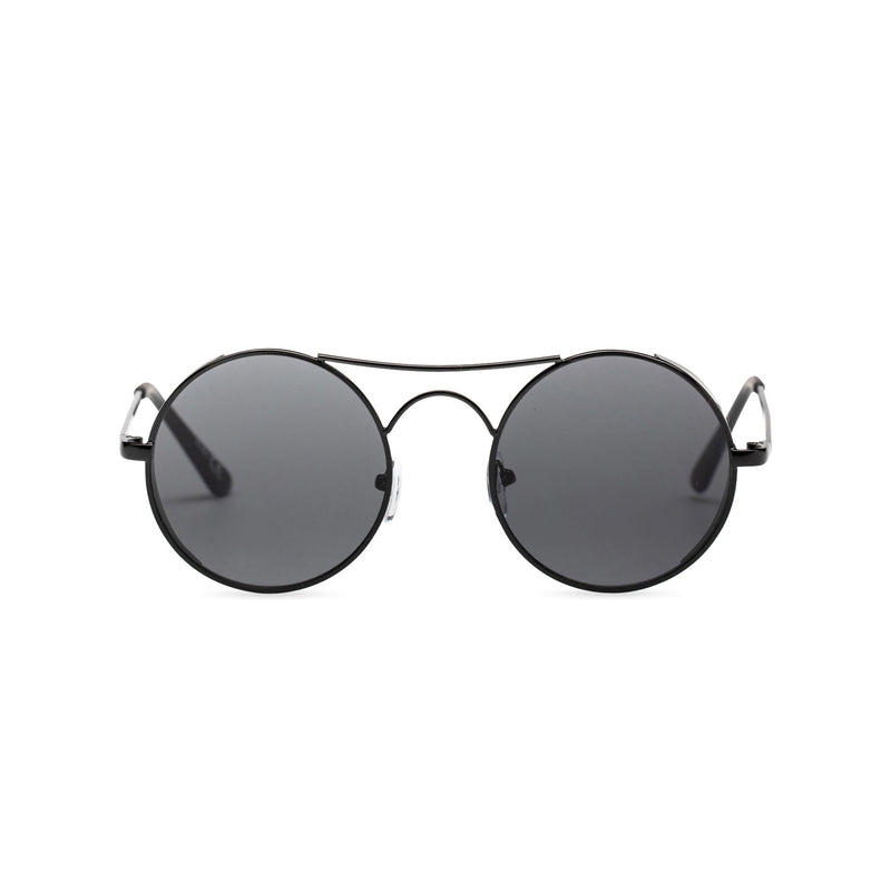 Face view of GOTICA aviator steampunk sunglasses - round dark black with browline