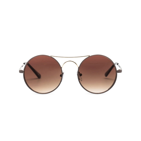 Face view of GOTICA aviator steampunk sunglasses - round dark brown with browline