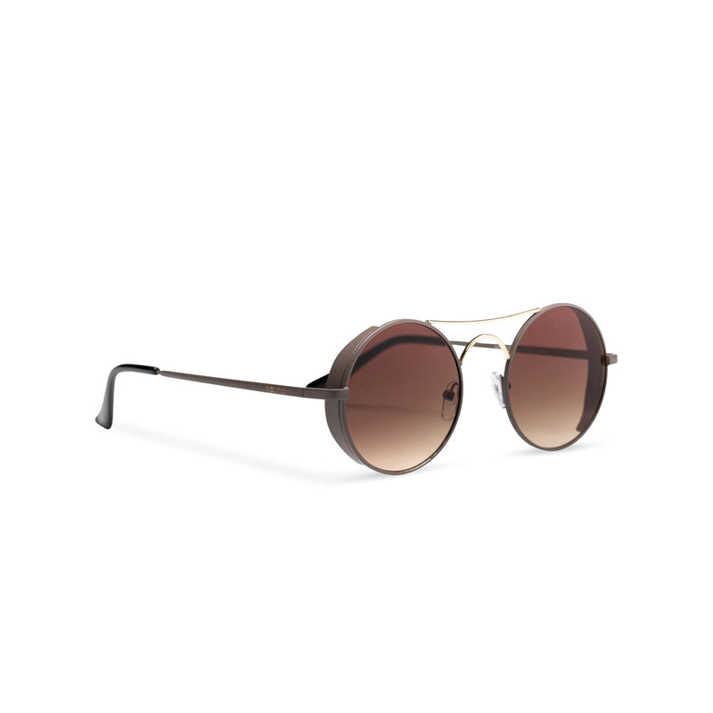 Side view of round dark brown with browline GOTICA aviator steampunk sunglasses
