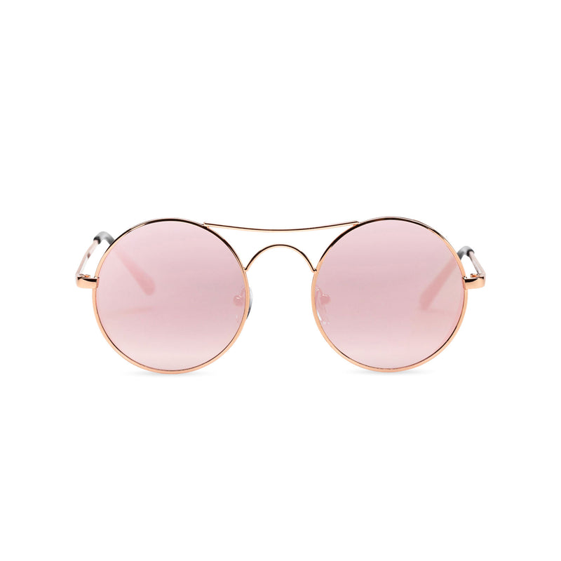 Face view of GOTICA aviator steampunk sunglasses - round mirror pink with browline