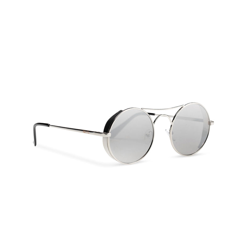 Side view of round mirror silver with browline GOTICA aviator steampunk sunglasses