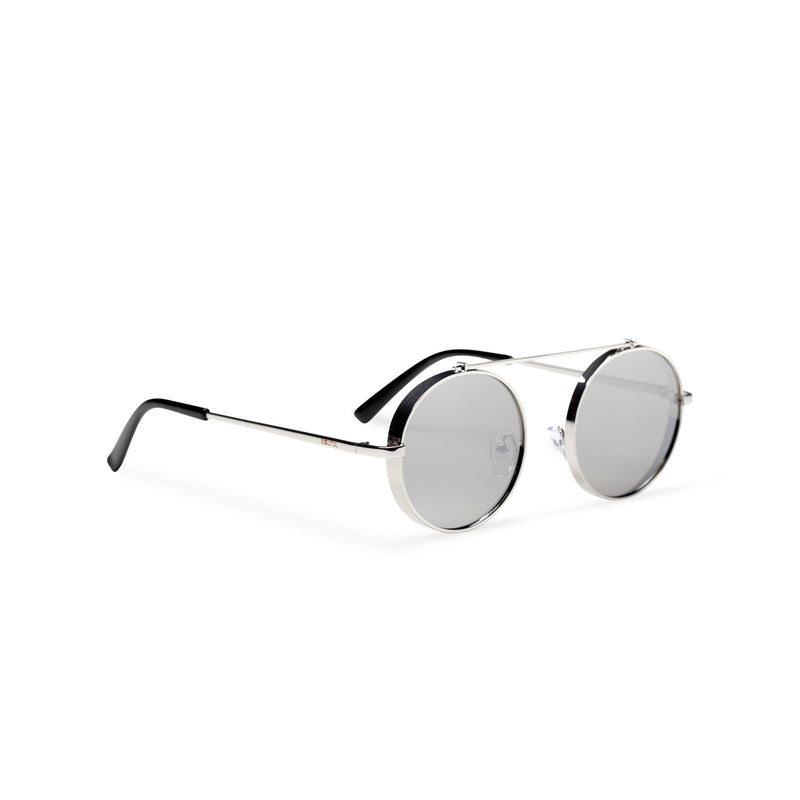 silver grey frame round metal medium steampunk sunglasses with tiny shield side