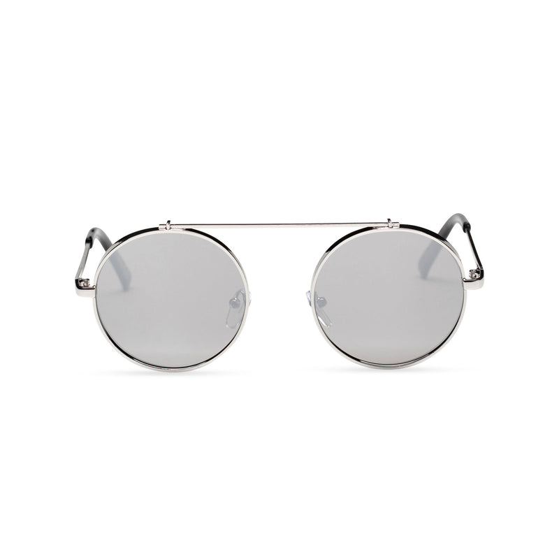 silver grey frame round metal medium steampunk sunglasses with tiny shield