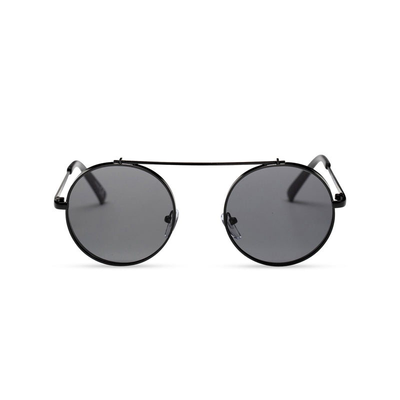 dark black frame round metal medium steampunk sunglasses with tiny shield