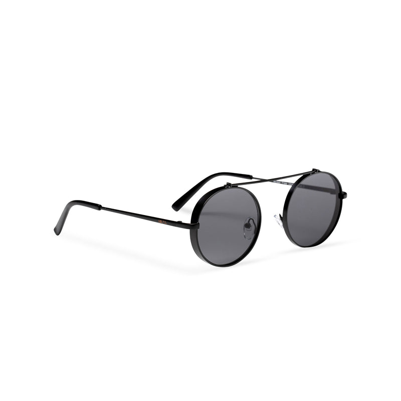 side dark black frame round metal medium steampunk sunglasses with tiny shield